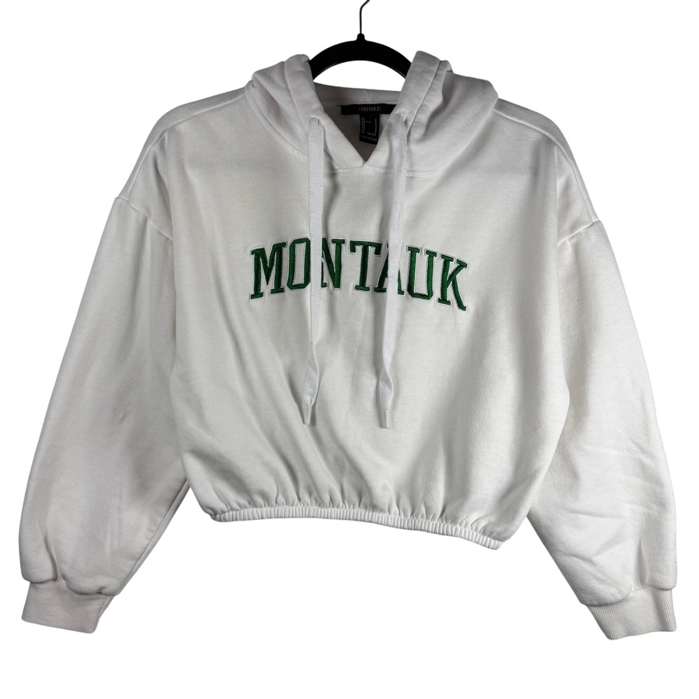 Forever 21 Montauk Hoodie Womens S White Cropped Graphic Sweatshirt